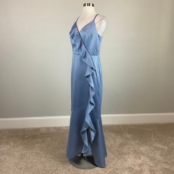 DKNY Satin Ruffled High Low Evening Gown Blue Size 16 Sleeveless V-Neck Dress - Picture 3 of 13